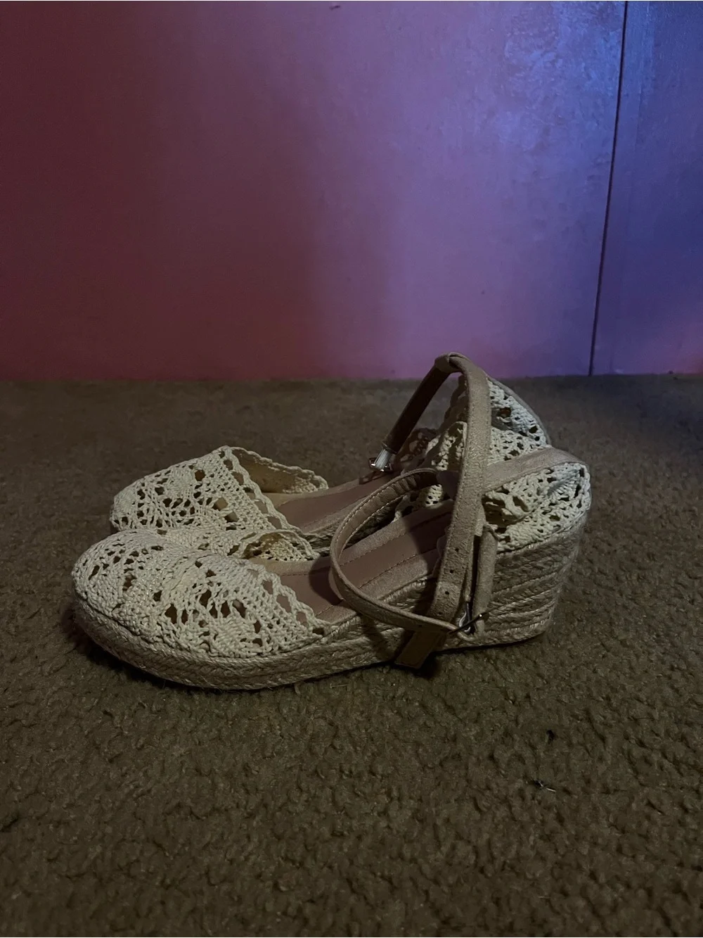 Tan and Cream Lace up Espadrille Wedges